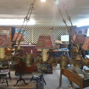 Arts and craft heavy wrought iron 6 light chandelier 21 inches by 44 inches weight around 40 lbs